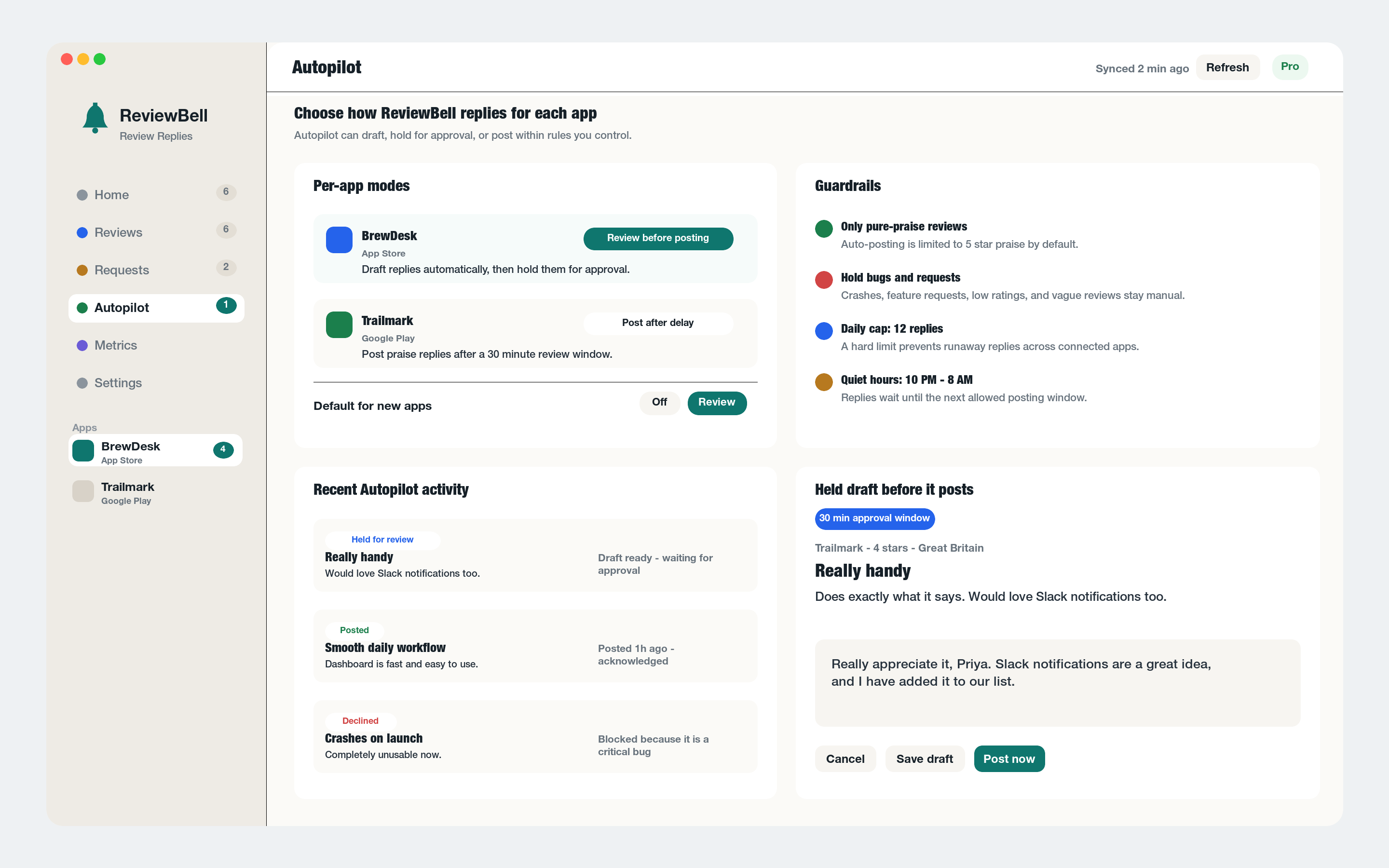 ReviewBell Autopilot settings showing per-app reply modes, guardrails, held drafts, and recent autopilot activity.